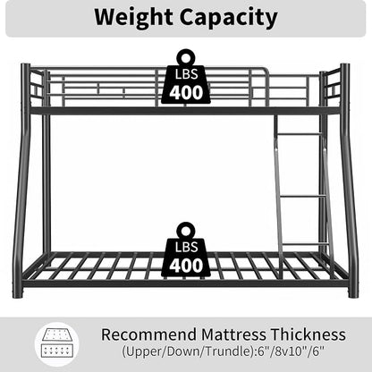 Metal Bunk Bed Twin Over Full Size with Removable Stairs, Heavy Duty Sturdy Frame with Full Length Safety Guardrail for Teen & Adults, Teens, No Box Spring Needed (Black)