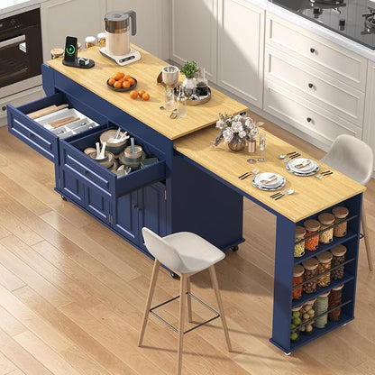 80"-48" Extendable Kitchen Island with Extended Dining Table and Power Outlet,Large Mobile Kitchen Storage Islands with 2 Storage Drawers,Rolling Islands Cart with 3 Extra Rows Open Shelves(Blue)