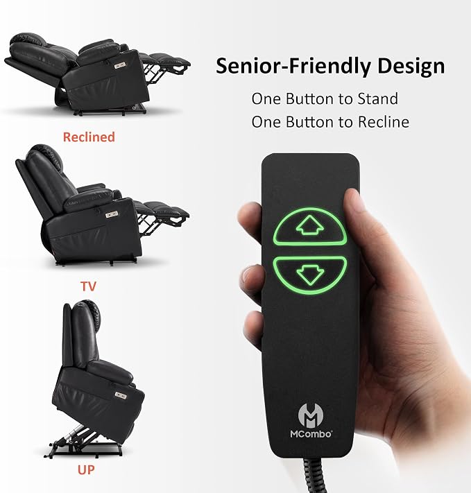 MCombo Power Lift Recliner Chair for Elderly R7042(Black, Small-Wide) | Heat and Massage, Breathable Faux Leather, USB& Type C Charging Port, FSC Certified