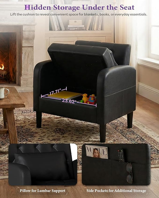 TYBOATLE Black Leather Chairs w/Storage, Comfy Modern Living Room Chairs, Black Accent Chair for Reading, Armchair for Bedroom, Waiting Room, Office
