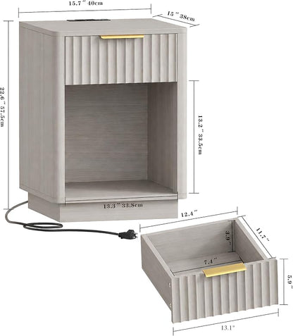Akxomel Fluted Nightstands Set of 2, Wooden Night Stand with Charging Station and LED Light, Modern Mid Century Bed Side End Table with Drawer, 15" D x 15.7" W x 22.6" H, for Bedroom, White Alder