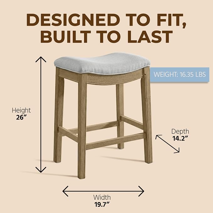 ROME + OAK Set of 3 Parker 26 Inch Counter Stool, Backless Saddle Kitchen Barstool in Natural Finish with Cream Fabric Upholstery Cushion Seat