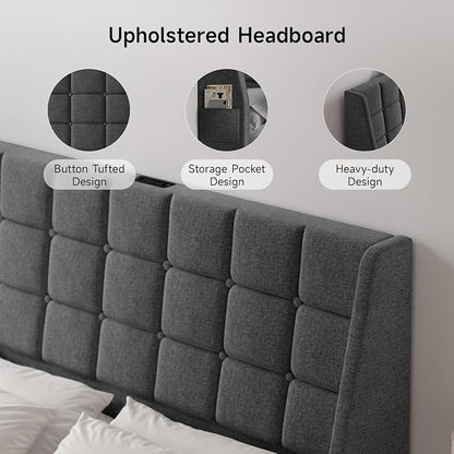 Ergonomic Upholstered Headboard Queen Size w/Charging Station, Linen Wingback Headboards w/Storage Pocket, Queen Headboard Only, Bed Frame Adapters, Sturdy Stable Solid Wood Bed Head Board, Dark Grey