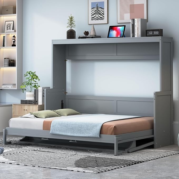 Virubi Full Horizontal Murphy Bed with Desk,Solid Wood Folding Hideaway Murphy Wall Bed for Adult,Guest Room (Grey,Full)