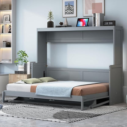 Virubi Full Horizontal Murphy Bed with Desk,Solid Wood Folding Hideaway Murphy Wall Bed for Adult,Guest Room (Grey,Full)