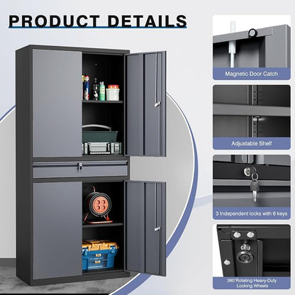 Metal Storage Cabinet with Drawer, Garage Storage Cabinet with Locking Doors and Adjustable Shelves for Garage, Home Office,Warehouse