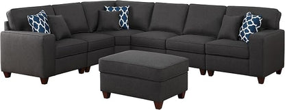 Ball & Cast 116" L-Shaped Sectional Couch with Movable Ottoman and 6 Throw Pillows,7 Seat Chenille Upholstered Sectional Sofa W/Wide Armrest,DIY Combination,Comfy Sectionals Set for Living Room,Gray