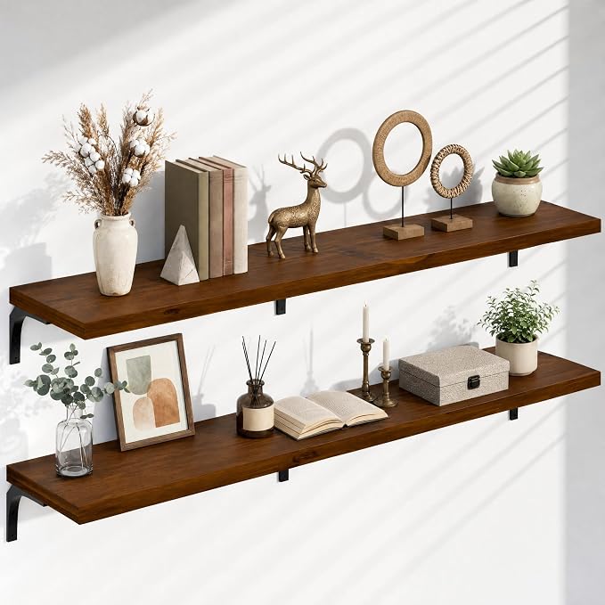 12 Inch Deep Floating Shelves Set of 2, 72 Inch Extra Wide Vintage Walnut Solid Wood Wall Shelves, 6ft Heavy Duty Farmhouse Wall Mounted Shelving for Kitchen, Living Room & Bedroom