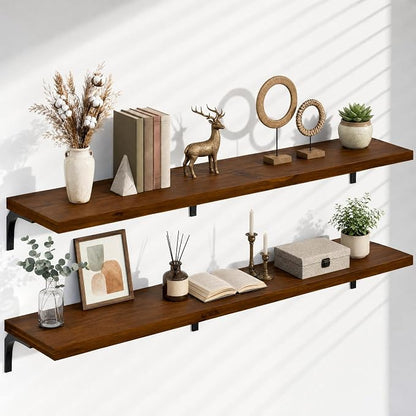 12 Inch Deep Floating Shelves Set of 2, 72 Inch Extra Wide Vintage Walnut Solid Wood Wall Shelves, 6ft Heavy Duty Farmhouse Wall Mounted Shelving for Kitchen, Living Room & Bedroom