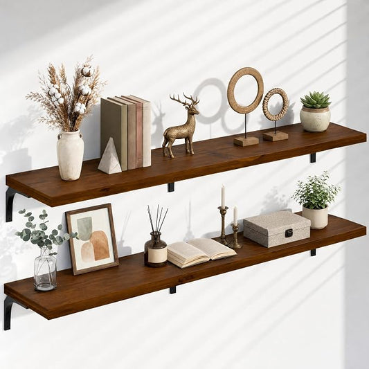12 Inch Deep Floating Shelves Set of 2, 72 Inch Extra Wide Vintage Walnut Solid Wood Wall Shelves, 6ft Heavy Duty Farmhouse Wall Mounted Shelving for Kitchen, Living Room & Bedroom