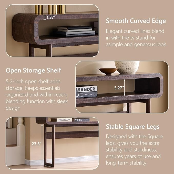 IFGET 63-Inch Long Console Table, 31.5" Tall Modern Entryway Table with Open Storage Shelf, Curved Profile Design, Narrow Wood Sofa Table Behind Couch Tables for Living Room, Hallway, Foyer, Brown