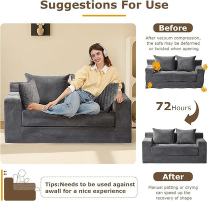 cidludto Convertible Sofa Bed, 3 in 1 Loveseat Folding Couch Bed Foldable - Chaise Lounge Chair & Floor Futon Sofa, Corduroy Pull Out Sofa Bed with 4 Pillows for Living Room, Beige