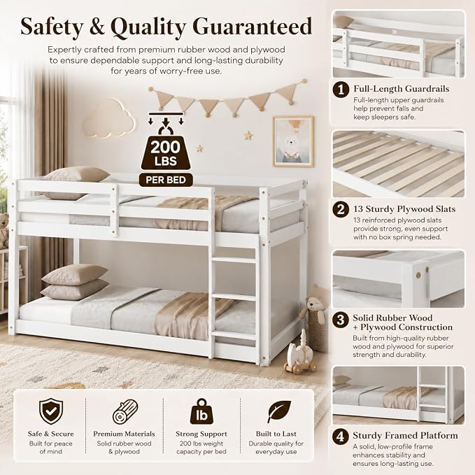 Twin Over Twin Bunk Bed, Low Profile Wooden Frame for Kids Bedroom, Floor Bunk with Ladder and Guardrails, Rubber Wood Construction, 13 Plywood Slats, No Box Spring Needed (White)