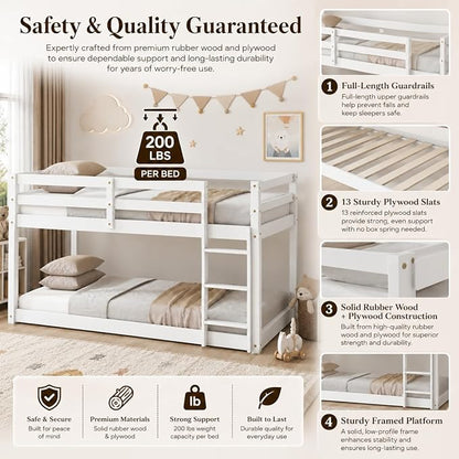 Twin Over Twin Bunk Bed, Low Profile Wooden Frame for Kids Bedroom, Floor Bunk with Ladder and Guardrails, Rubber Wood Construction, 13 Plywood Slats, No Box Spring Needed (White)