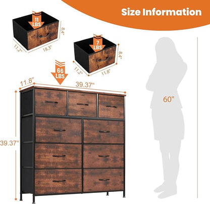 Sweetcrispy Dresser for Bedroom with 9 Drawers, Large Fabric Dresser | Storage Tower Organizer, Chest of Drawers with Metal Frame Wooden Top for Closet, Living Room, Entryway, Brown