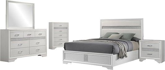 Coaster Home Furnishings Miranda Contemporary 5-Piece Bedroom Set Fabric Upholstered Eastern King Size Panel Bed Frame 54-inch Headboard White 205110KE-S5