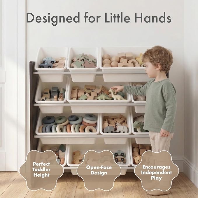 Humble Crew Toy Storage Organizer with 12 Removable Storage Bins for Kids Playroom, 4-Tier Toddler Toy Organization, Espresso/White