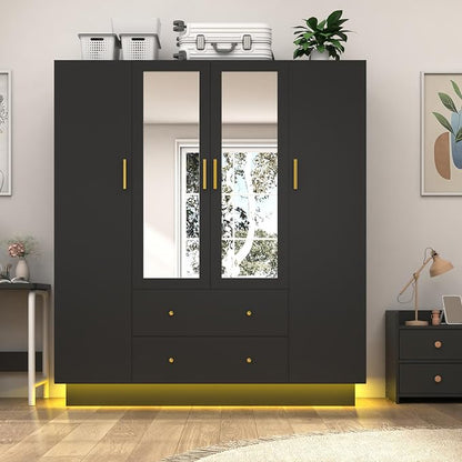 jiteentarou 4 Door Wardrobe Closet with Mirrors and LED Lights, Bedroom Armoire with Drawers and Shelves, Modern Wooden Armoire Wardrobe Closet with Hanging Rod for Bedroom, Black