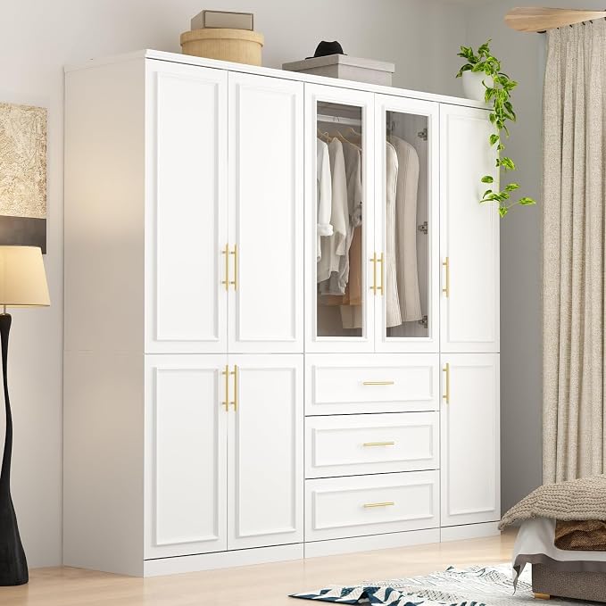 WOODTIME Wardrobe Closet with 3 Hanging Rods, 8 Framed Doors & 3 Drawers, Modern Wooden Armoire with Glass Doors & 7 Shelves, Clothes Storage Cabinet Organizer for Bedroom, White