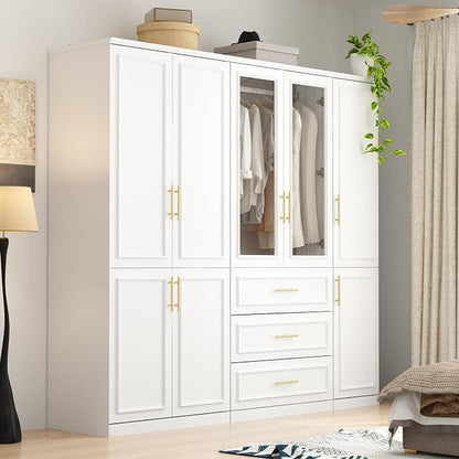 WOODTIME Wardrobe Closet with 3 Hanging Rods, 8 Framed Doors & 3 Drawers, Modern Wooden Armoire with Glass Doors & 7 Shelves, Clothes Storage Cabinet Organizer for Bedroom, White