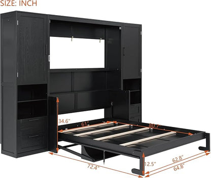 Merax Queen Size Murphy Bed with Desk, Closet, Drawers and Shelves, Fold into The Wall, Space-Saving Foldable Wood Platform Bed Frame for Small Spaces Studio Study Office Guest Room, Black(Oak Veneer)