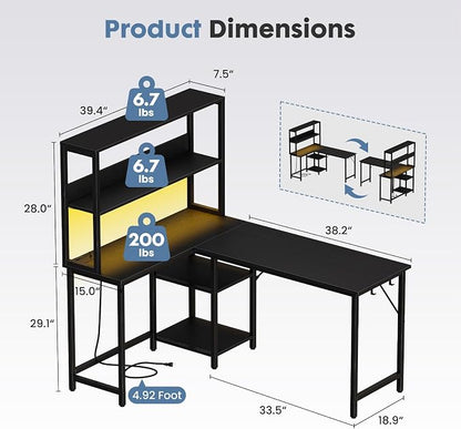 DUMOS L Shaped Desk Gaming Desk with LED & Power Outlet 53 in Reversible Corner Computer Table with Adjustable Shelf & CPU Stand, Home Office Writing Table, Black