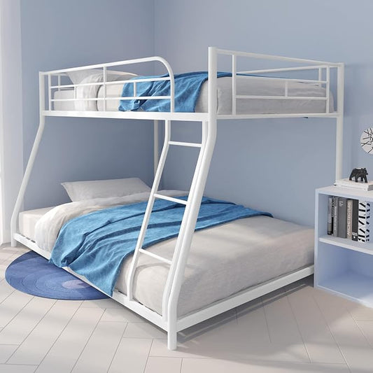 EMKK Twin Over Full Bunk Bed Metal Bunk Beds for Teens Adults, Heavy Duty, Twin Over Full Size Bunk Beds with Ladder & Safety Guardrails,No Box Spring Needed,Easy to Assemble,White