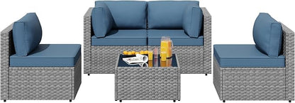 SUNLEI 5 Piece Patio Furniture Sets, Low Back All-Weather Rattan Sectional Sofa with Tea Table&Washable Couch Cushions, Patio Furniture Sets, Silver Rattan