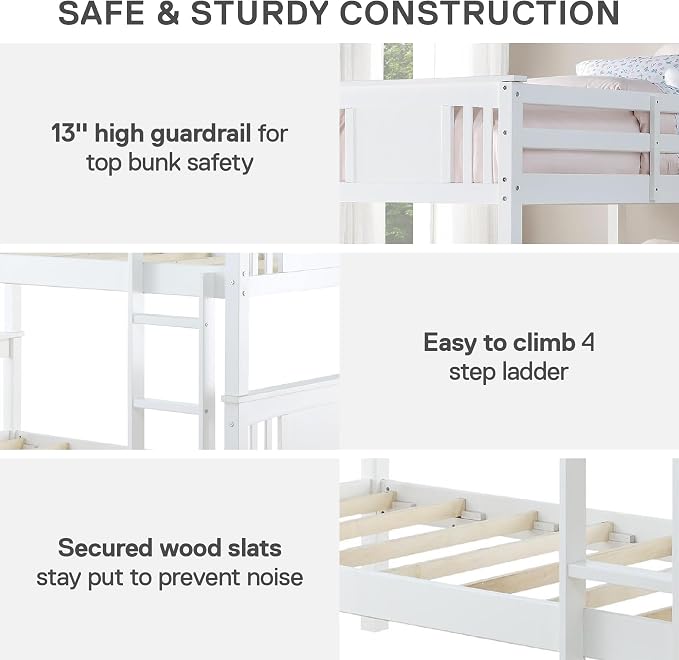 DHP Dylan Convertible Wood Bunk Bed, Stackable and Detachable Bed Frames for Kids and Teens, with Ladder, High Guardrail, Wood Slats, No Boxspring Required, Twin-Over-Twin, White