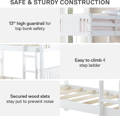 DHP Dylan Convertible Wood Bunk Bed, Stackable and Detachable Bed Frames for Kids and Teens, with Ladder, High Guardrail, Wood Slats, No Boxspring Required, Twin-Over-Twin, White