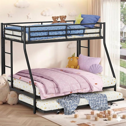Nuturelly Metal Bunk Bed Twin Over Full with Trundle, Heavy Duty Steel Frame Bunk Bed Frame with Safety Guardrails & Ladder, Space Saving 3 Beds for Kids, Teens, Dorm, Black
