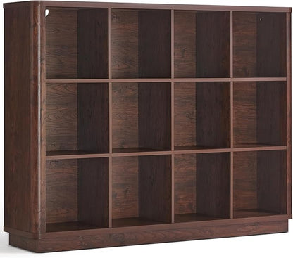 Joaxswe 12 Cube Storage Organizer, 41" Large Bookshelf with Curved Edge, Wood Floor Standing 3-Tier Cubby Bookcase w/Base, Vintage Display Storage Cabinet, Book Case for Living Room, Office, Walnut