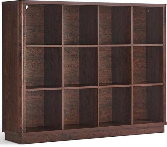 Joaxswe 12 Cube Storage Organizer, 41" Large Bookshelf with Curved Edge, Wood Floor Standing 3-Tier Cubby Bookcase w/Base, Vintage Display Storage Cabinet, Book Case for Living Room, Office, Walnut