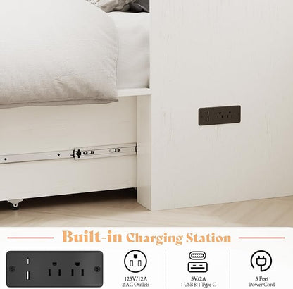 AMERLIFE Twin Murphy Bed Cabinet with Charging Station and Storage Drawer, Farmhouse Foldable Platform Bed for Home Office, Apartment, Small Spaces, Distressed White