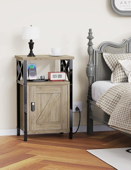 runjuly Wooden Nightstand with Lock, Bed Side Table with Drawers, Bedside Table with Charging Station, 3 USB & 2 Outlets, Night Stand with Cabinet, End Tables for Bedroom, Greige