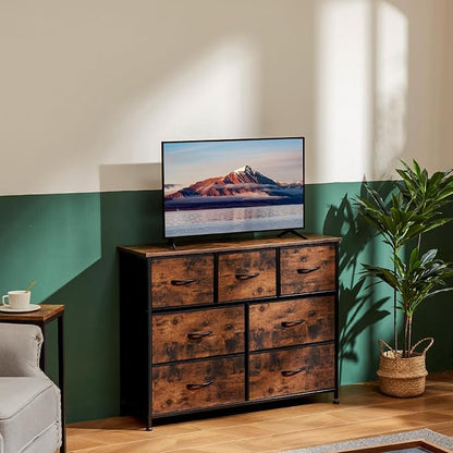 OLIXIS 7 Drawer Dresser for Bedroom, Wide Fabric Storage Tower with Wooden Top and Metal Frame, Closet Chest Organizer Furniture, TV Stand for Living Room Hallway, Rust Brown