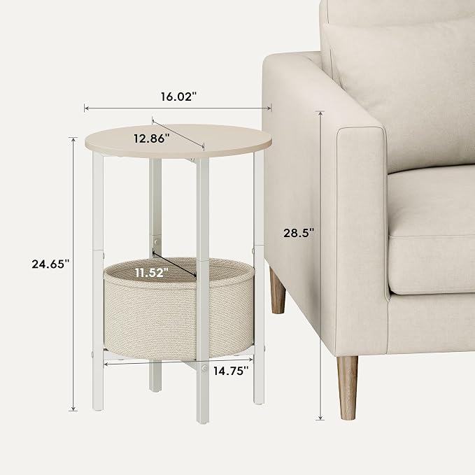 Vagusicc Round Side Table End Table with Storage Basket, Small Side Table Round Nightstand for Small Spaces, Tall Oval End Table with Steel Frame, Coffee Bedside Table for Living Room, Begie