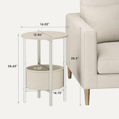 Vagusicc Round Side Table End Table with Storage Basket, Small Side Table Round Nightstand for Small Spaces, Tall Oval End Table with Steel Frame, Coffee Bedside Table for Living Room, Begie