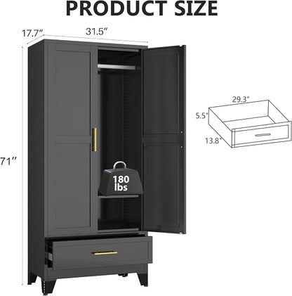Metal Armoire Wardrobe Closet Storage Cabinet with 2 Doors Black, 71'' Wardrobe Cabinet with Hanging Rod Metal Closet with Adjustable Shelf and Drawer for Bedroom, Laundry Room, Cloak Room