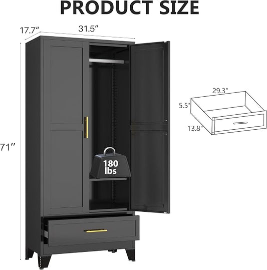 Metal Armoire Wardrobe Closet Storage Cabinet with 2 Doors Black, 71'' Wardrobe Cabinet with Hanging Rod Metal Closet with Adjustable Shelf and Drawer for Bedroom, Laundry Room, Cloak Room