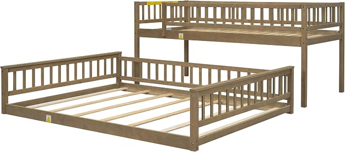 Wood Bunk Bed Twin XL Over Queen Size with Safety Guardrails, Detachable Design Floor Bunk Bed Frame for Kids Teens Boys Girls, Sturdy Slat Support (Walnut-9.30)