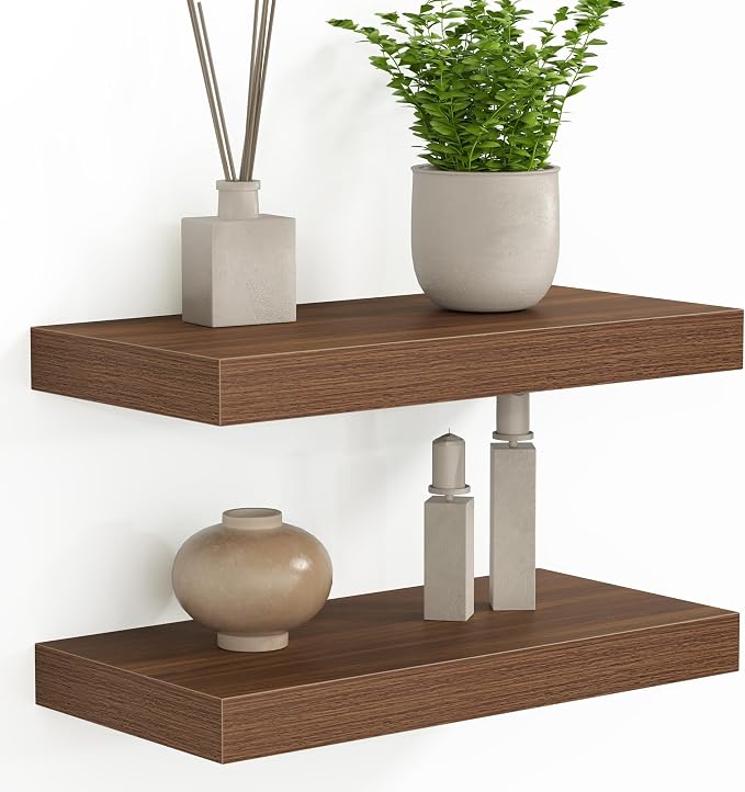 Fun Memories 16 Inch Floating Shelves - Deep Rustic Wooden Wall Shelves - Extra Deeper & Thicker Wall Mounted Storage Shelf for Bedroom, Kitchen, Farmhouse - 2 Pack, Walnut