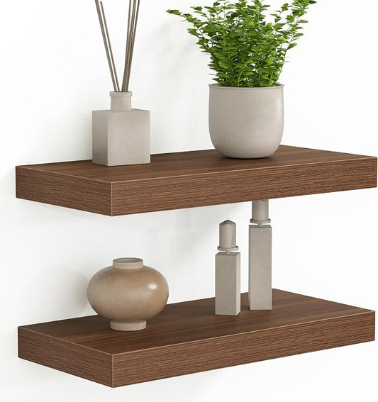 Fun Memories 16 Inch Floating Shelves - Deep Rustic Wooden Wall Shelves - Extra Deeper & Thicker Wall Mounted Storage Shelf for Bedroom, Kitchen, Farmhouse - 2 Pack, Walnut