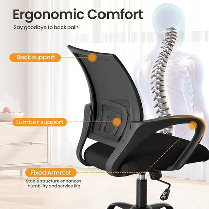 OLIXIS Office Desk Chair - Ergonomic Mid Back with Lumbar Support & Rocking Mode, Height Adjustable with Fixed Armrest, for Home, Computer, Gaming, Conference, Meeting, 360° Swivel, Black, 2 Pack