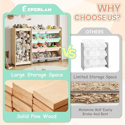 EXPERLAM Kids Toy Storage Organizer, 2-in-1 Stuffed Animal Storage & Toy Organizer w/12 Bins, Solid Wood Toy Rack Featuring Thicker Elastic Ropes to Hold Toys, Playroom Nursery Bedroom Storage, Multi