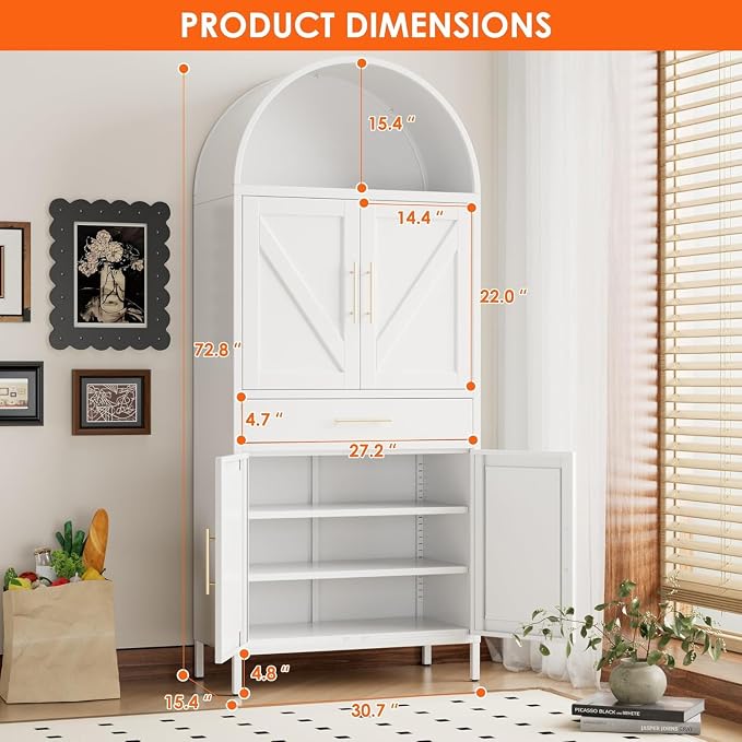 72.8" White Metal Arched Pantry Cabinet with Drawer, Tall Kitchen Storage Cabinet with 3 Adjustable Shelves, Door Storage, Magnetic Closure & Anti-Tip Kit, White, Assembly Required