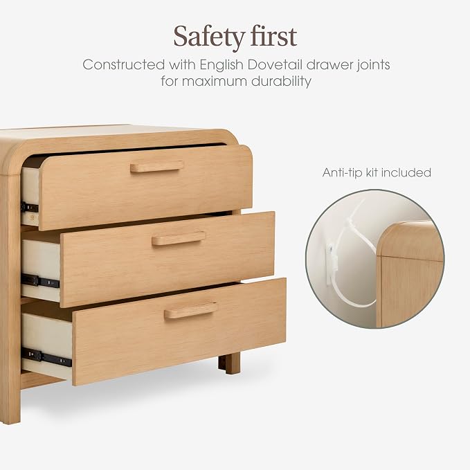 Evolur Cove 3-Drawer Changing Dresser, Amazon Exclusive, Fully Assembled Baby Nursery & Bedroom Dresser, Convertible Changing Table, Anti-Tip Kit, Natural Oak