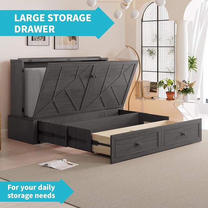 CECER Slate Grey Murphy Bed Cabinet with Mattress, Space-Saving Folding Bed
