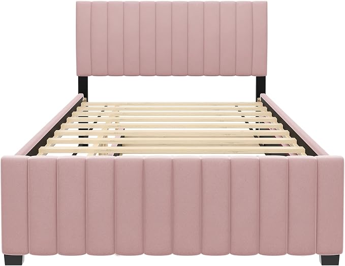 Bellemave Full Bed Frame with Trundle Bed,Velvet Upholstered Platform Bed Frame,Full Size Trundle Bed with Headboard for Kids Teens Adults(Pink)