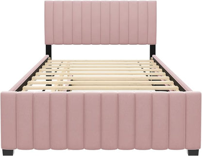 Bellemave Full Bed Frame with Trundle Bed,Velvet Upholstered Platform Bed Frame,Full Size Trundle Bed with Headboard for Kids Teens Adults(Pink)